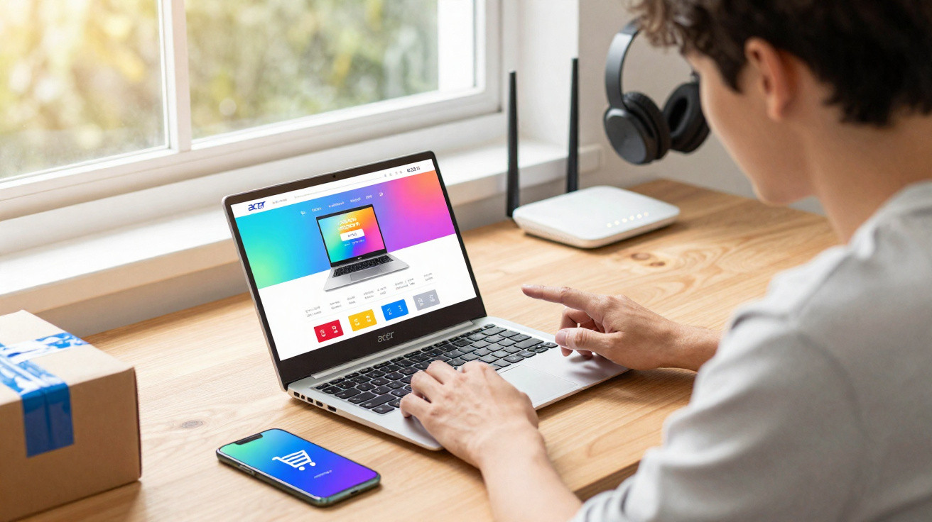 Person using Acer laptop showing Acer website on wooden desk near smartphone and headphones by window.
