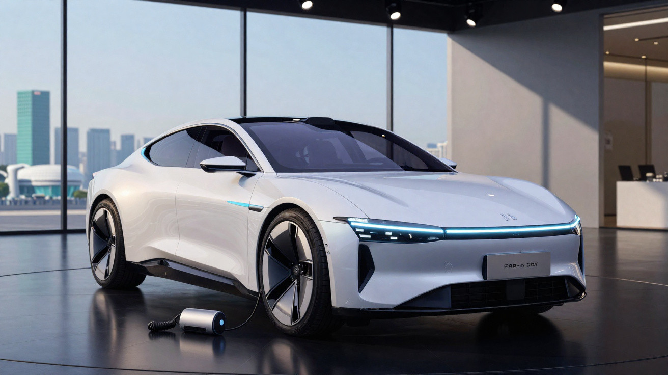 White electric sports car charging indoors with city skyline visible through large windows at sunset.