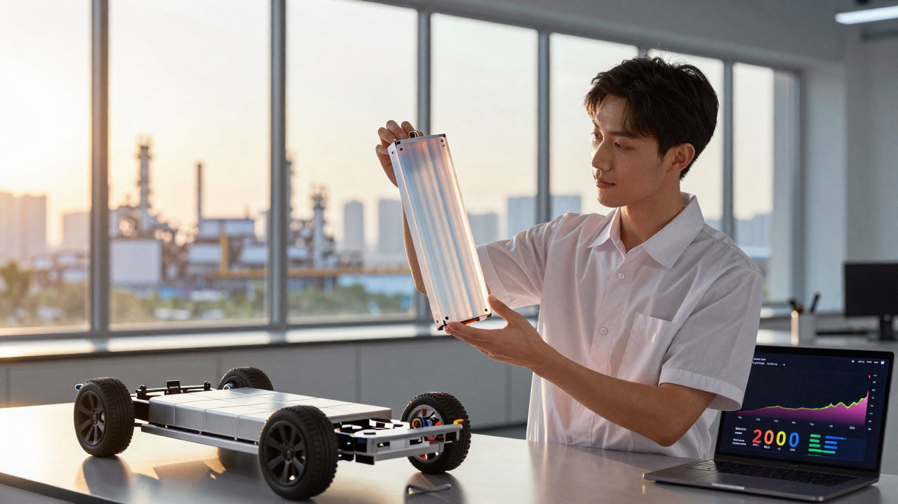Engineer examining a solar panel near an electric car chassis and a laptop with data charts in a bright lab.