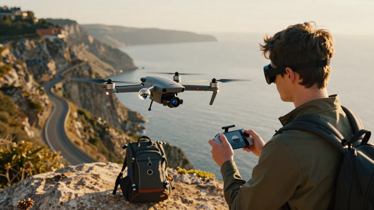 Person controlling a drone with remote near coastal cliffs and winding road during golden hour.