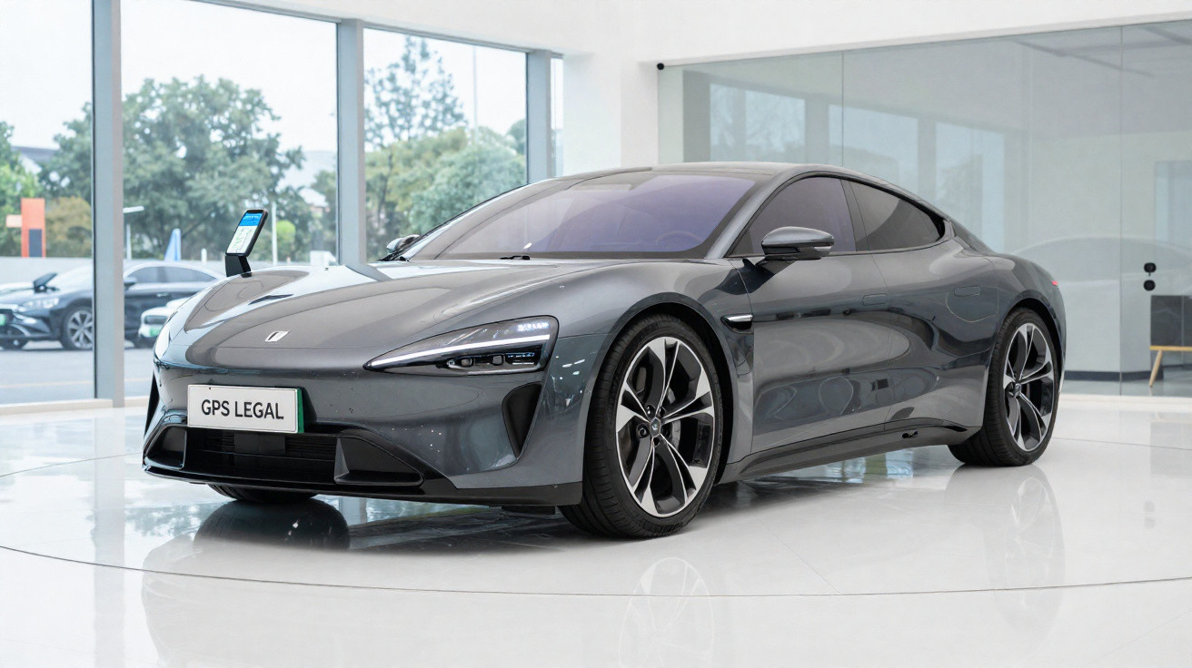 Sleek grey electric sports car displayed indoors on a white glossy floor with large windows in background.