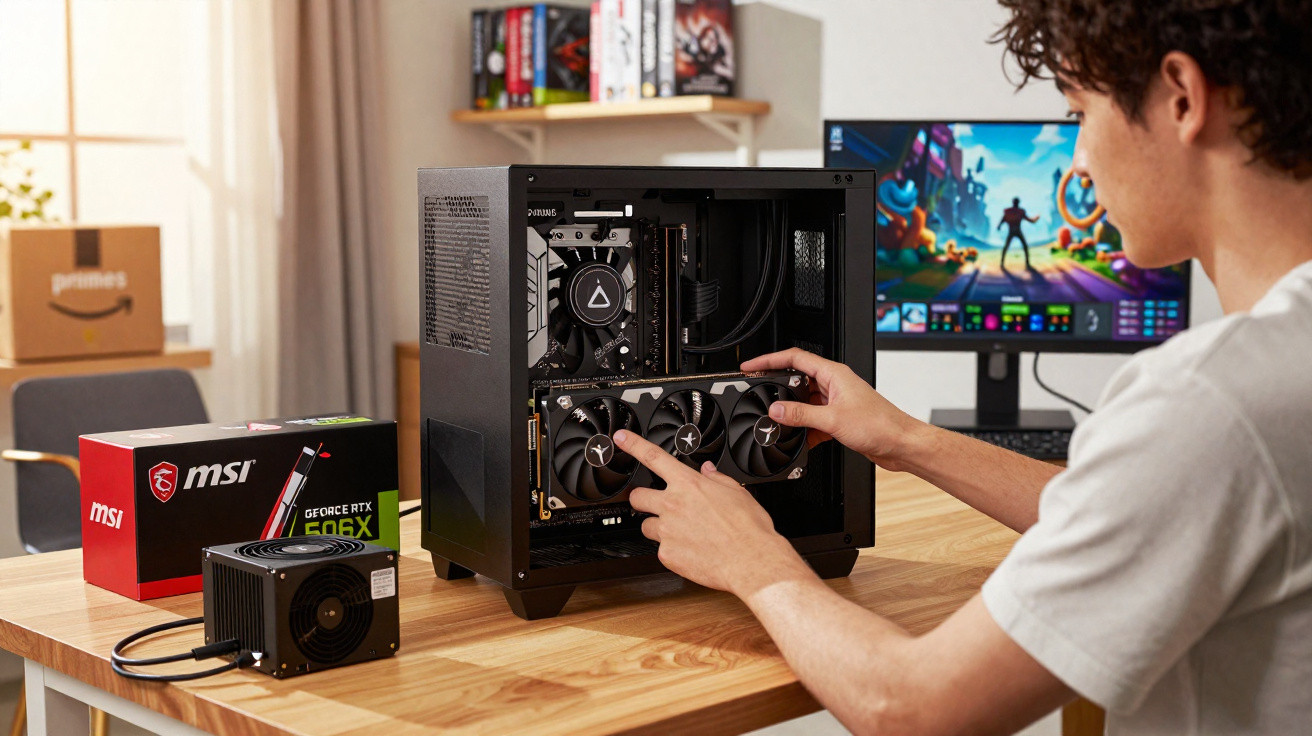 Person installing a graphics card into a desktop PC on a wooden table with gaming setup in the background.
