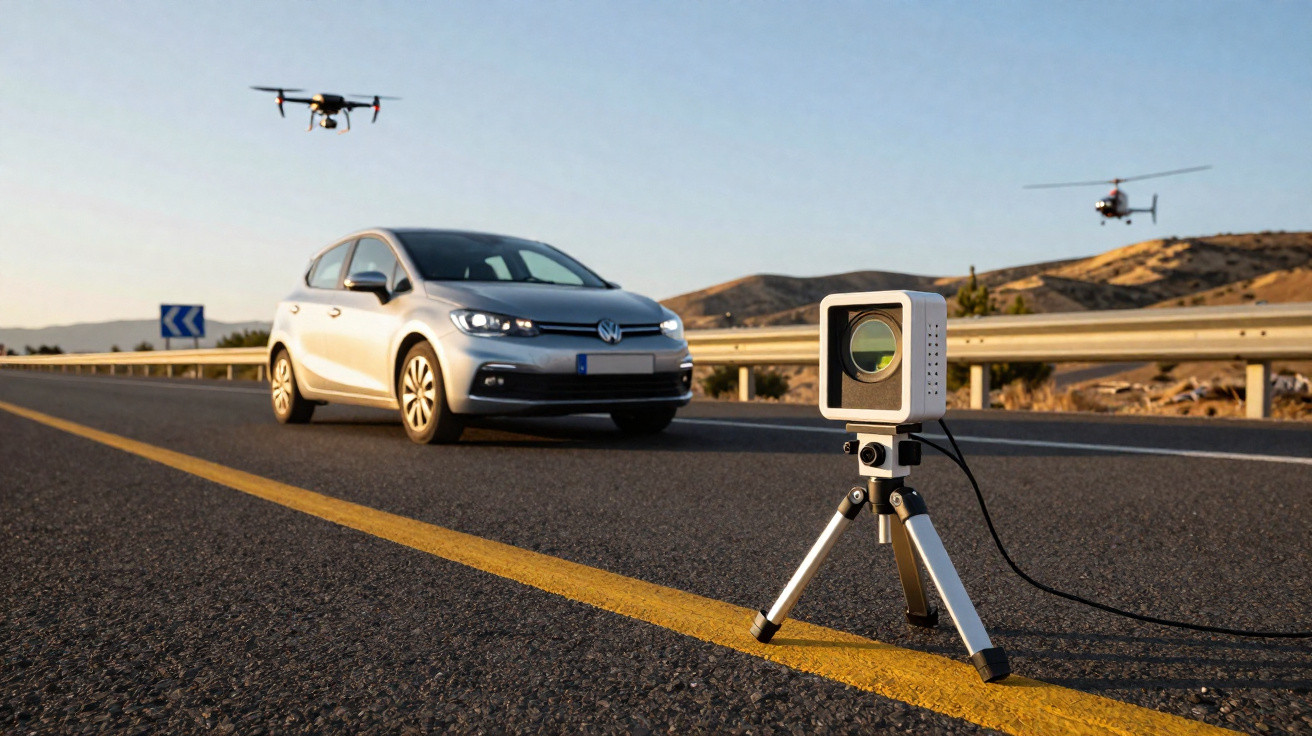 Speed camera setup on road with a silver Volkswagen car and two drones flying near a desert landscape.