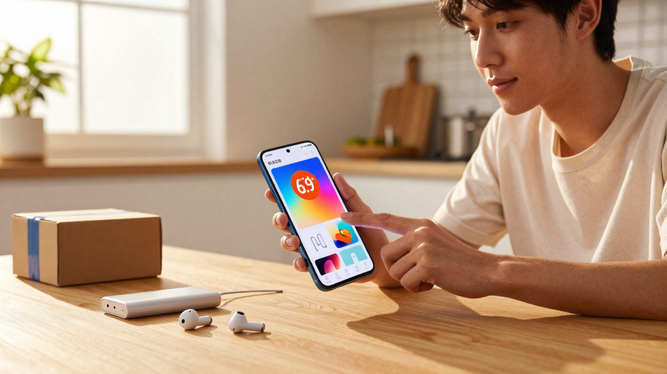 Young man using a smartphone app at a wooden table with wireless earbuds, power bank, and a parcel nearby.
