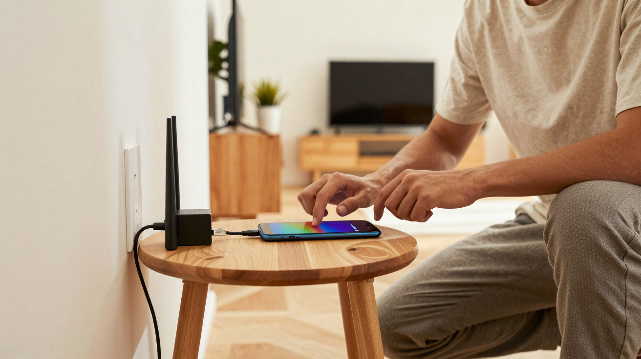 Person setting up a smartphone on a wooden table next to a Wi-Fi router in a living room.