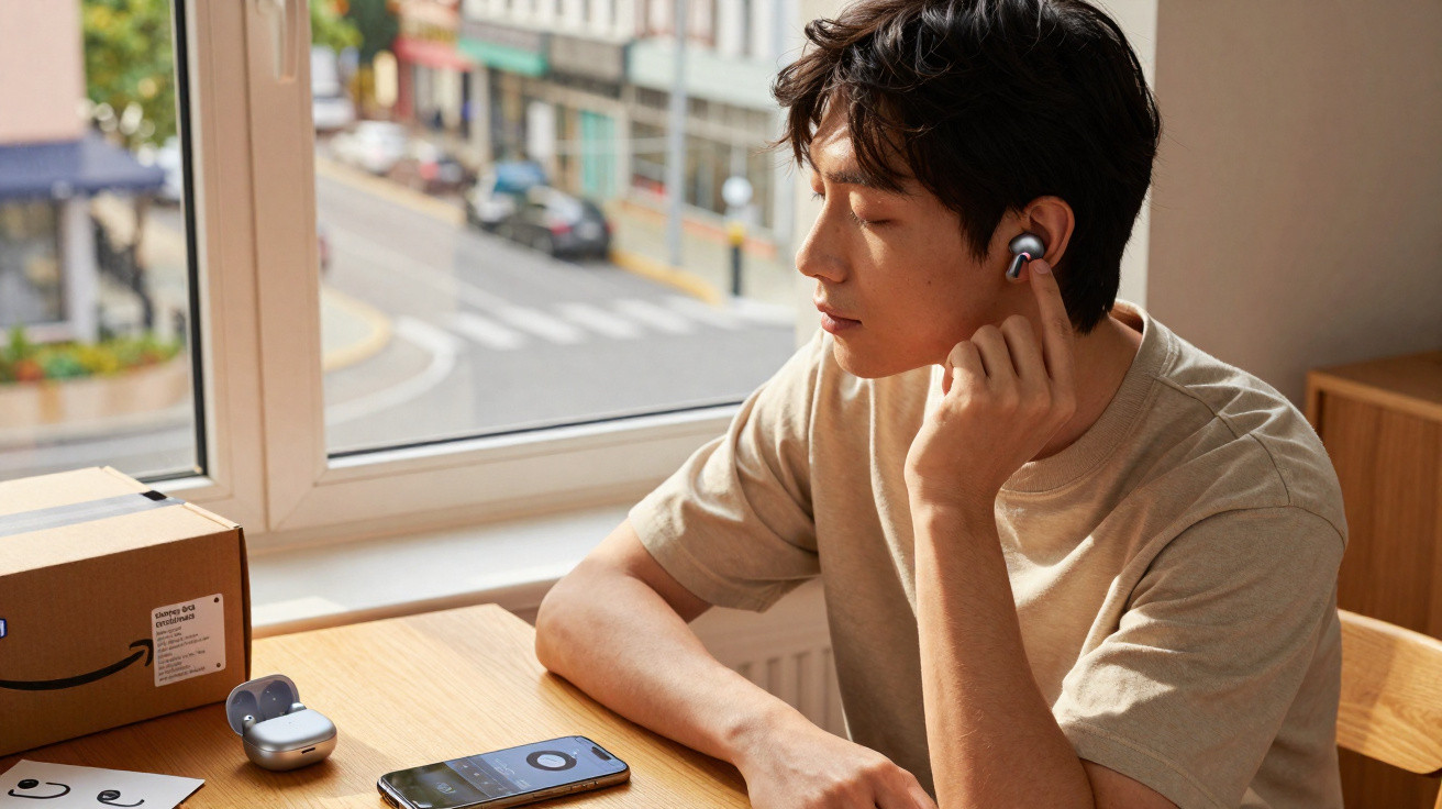 Young man wearing wireless earbuds sitting at a table by a window with phone and package nearby