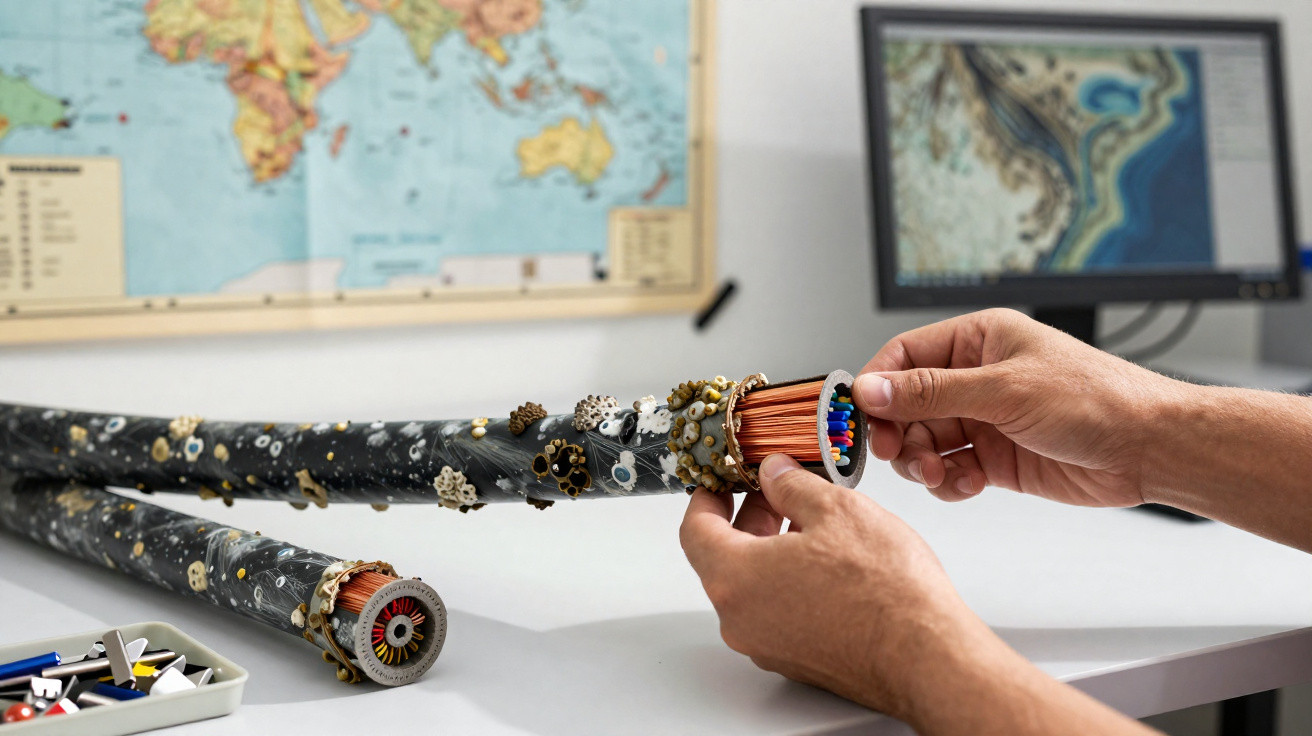 Hands holding a model of deep-sea cables with barnacles on a desk, world map and screen in the background.
