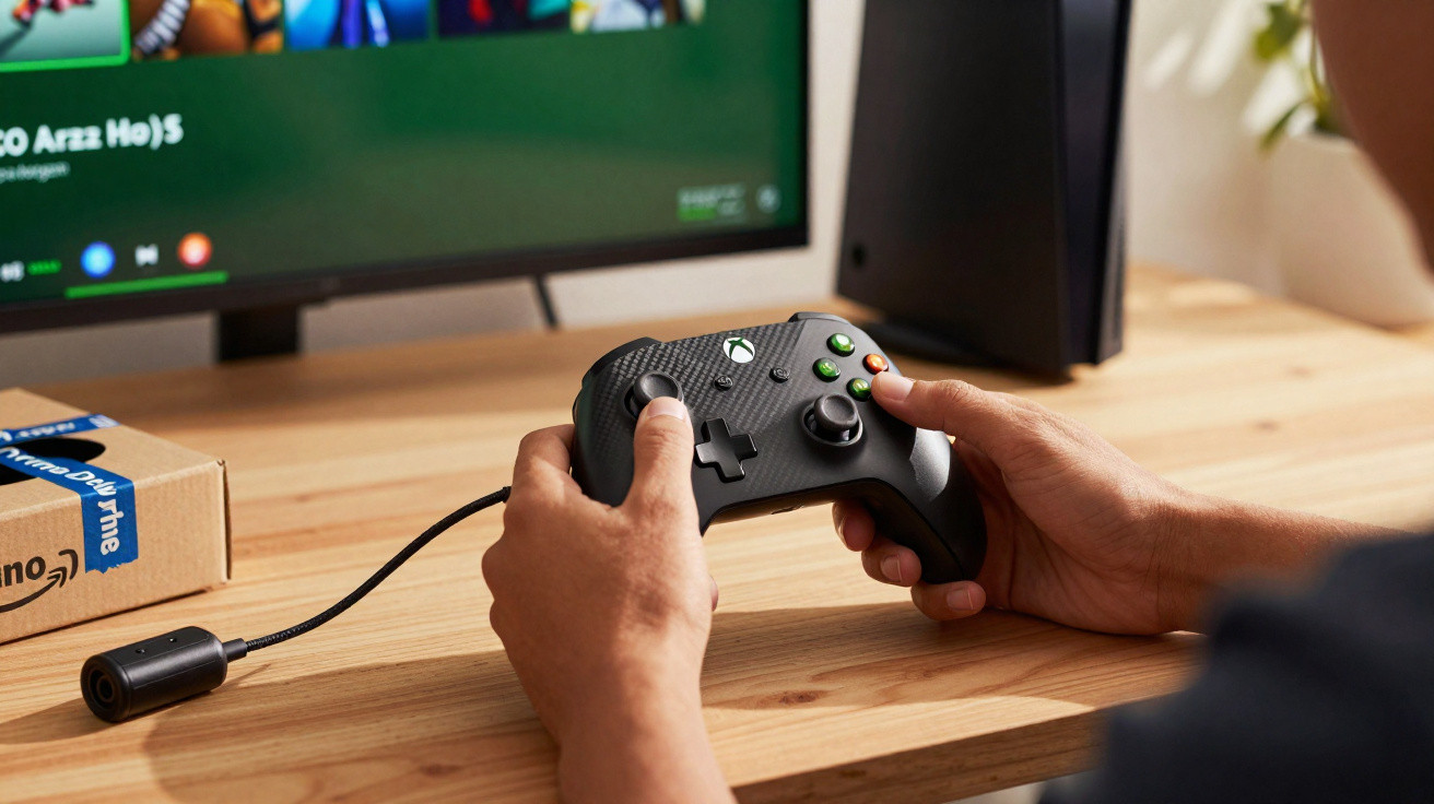 Hands holding a black Xbox controller connected by a cable, with a TV screen and Amazon box in the background.