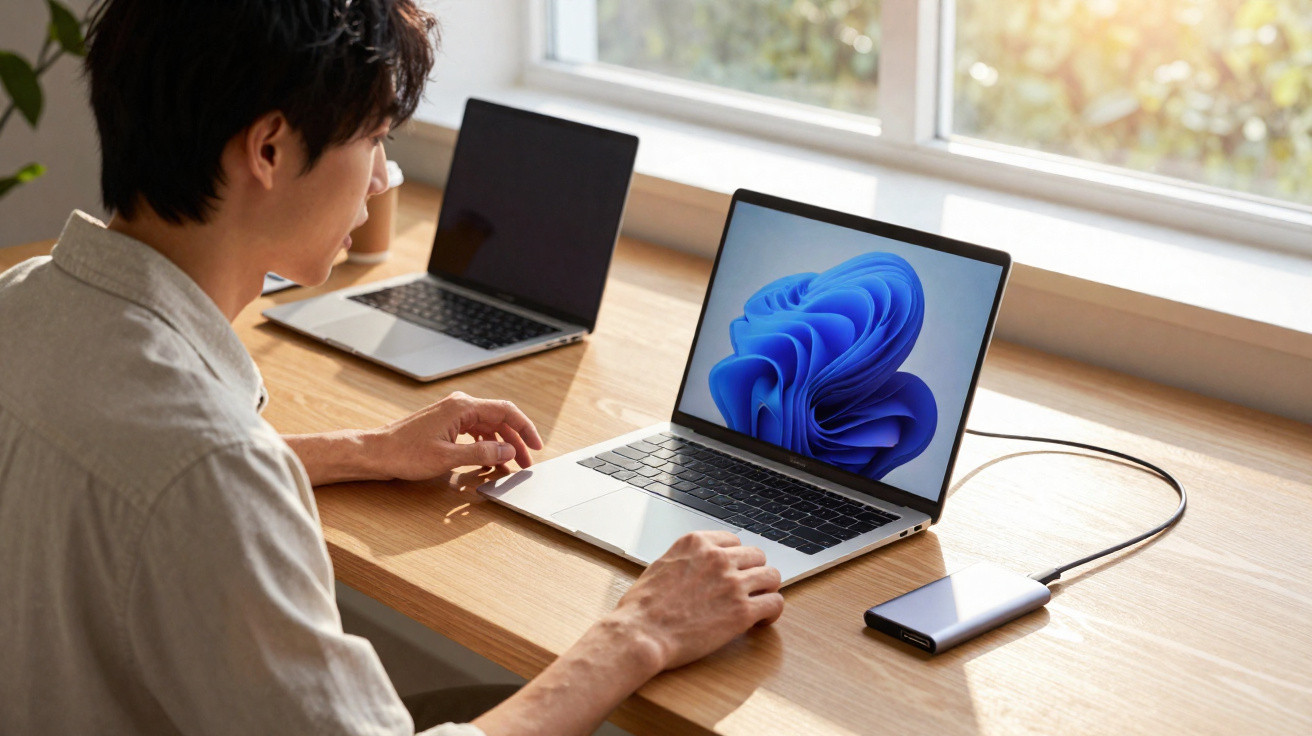 Person using a laptop with an external drive on a wooden desk by a window with natural light.