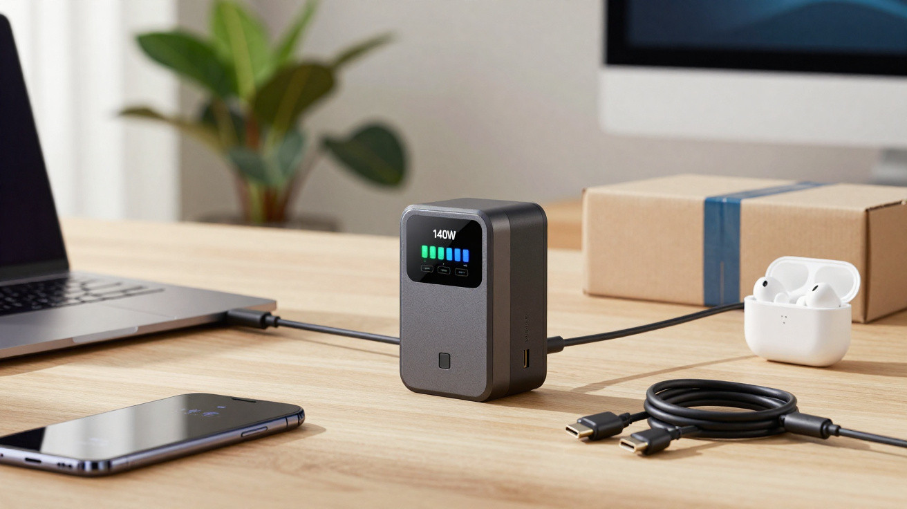 Compact grey USB-C charger with digital power display powering laptop, smartphone, and wireless earphones on wooden desk