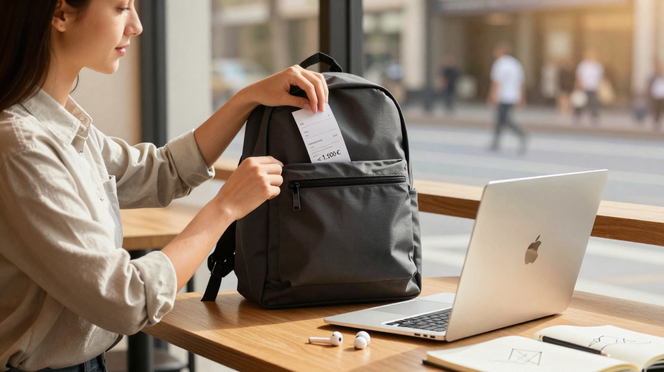 Person placing a receipt into the front pocket of a black backpack on a table with a laptop and notebook.