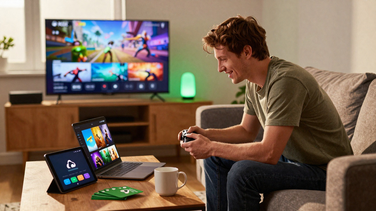 Young man playing video games on a console controller in a living room with multiple screens and devices.