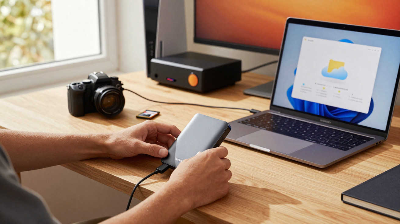Person connecting an external hard drive to a laptop on a wooden desk with a camera and SD card nearby.