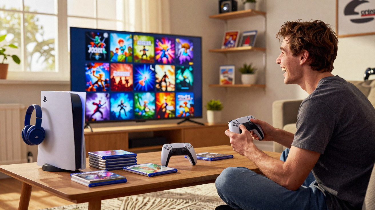 Young man playing PlayStation 5 on a TV with game cases and controllers on a wooden coffee table.