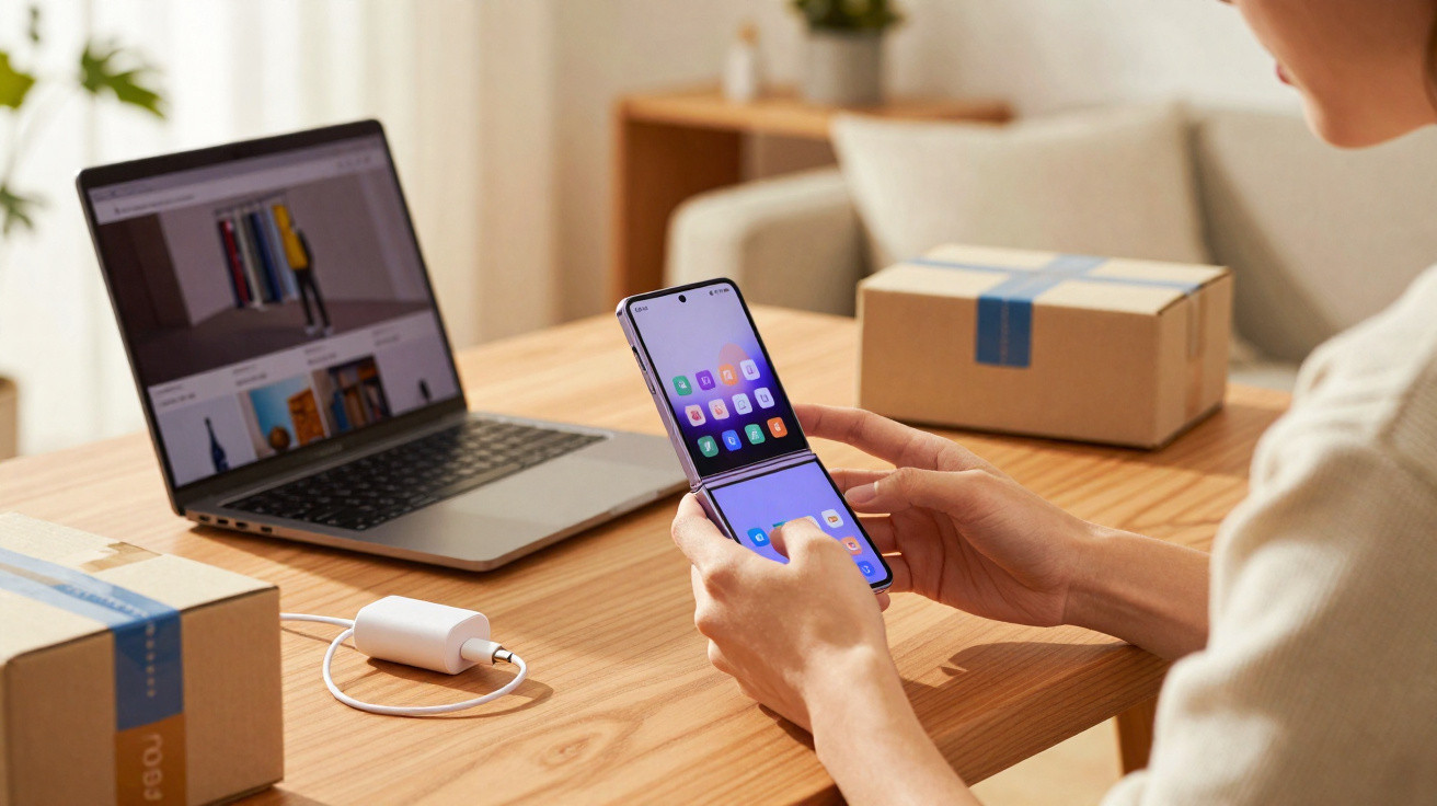 Person using a foldable smartphone at a desk with a laptop and cardboard shipping boxes nearby.