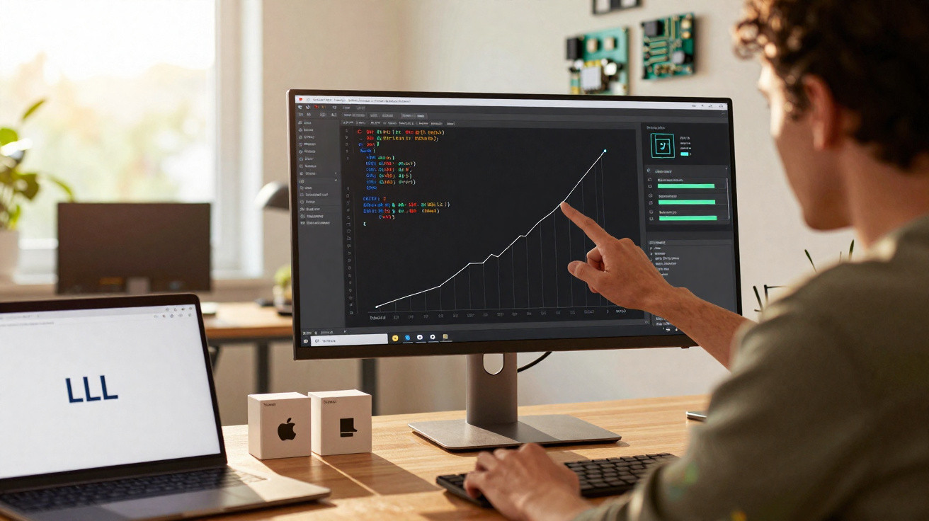 Person pointing at upward trending graph displayed on computer screen with code, laptop nearby on desk.