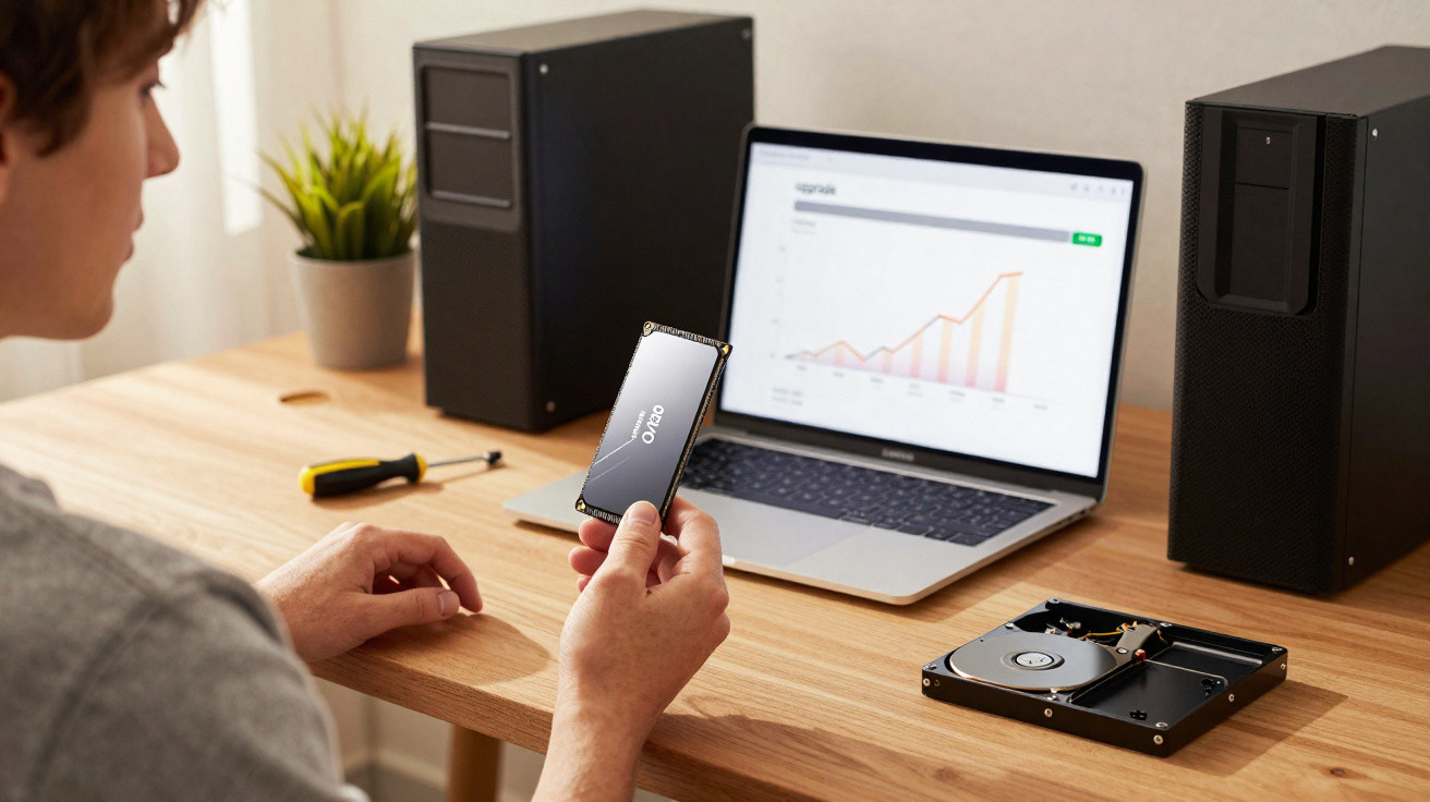 Person holding an SSD drive in front of a laptop showing a graph, with an open hard drive and computer components on a wooden