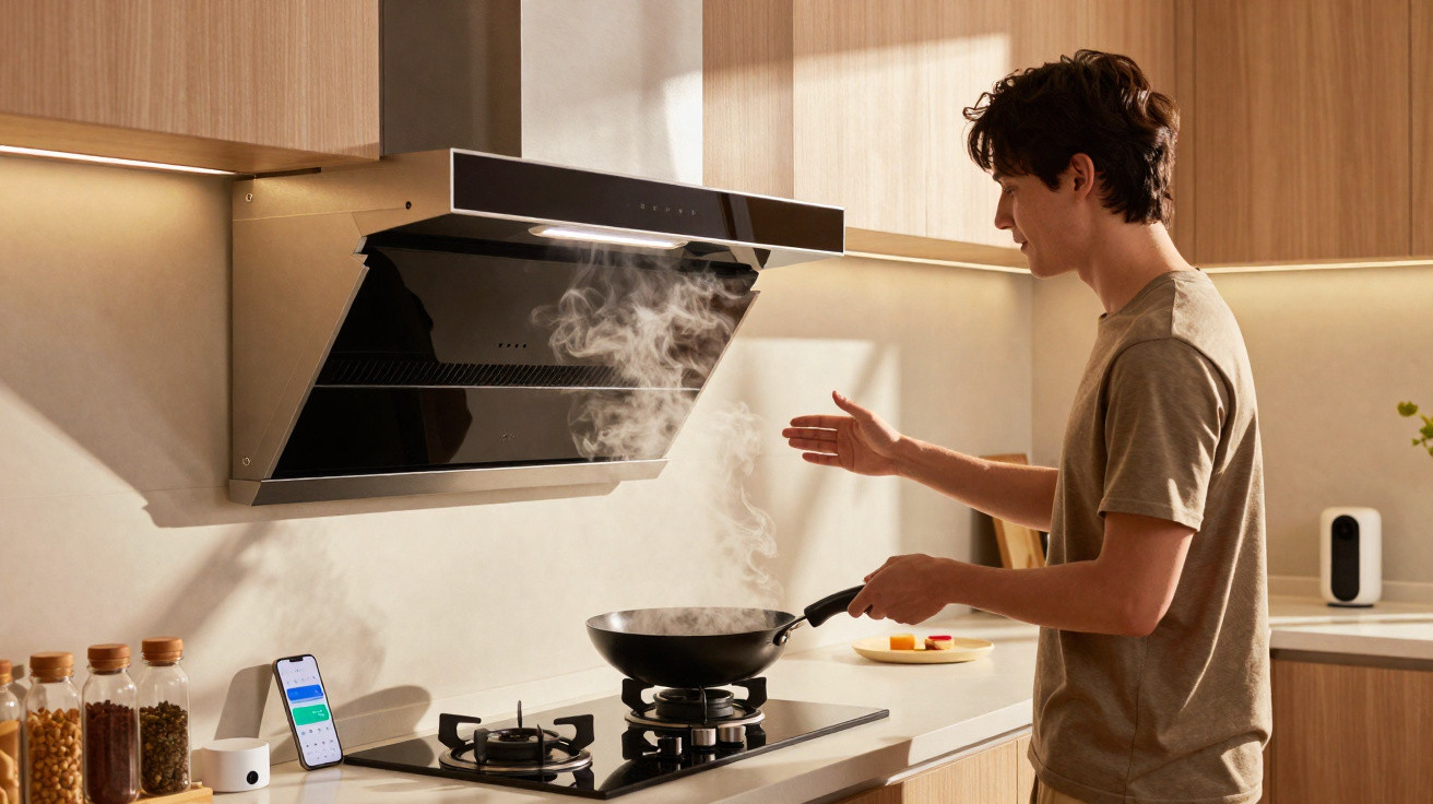 Young man cooking on a gas stove with steam rising under a modern kitchen extractor hood