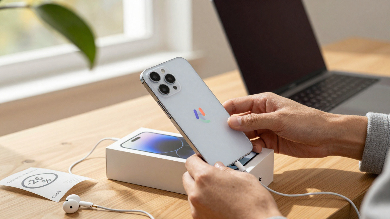 Person holding a new smartphone over its open box with earphones and a laptop on a wooden table
