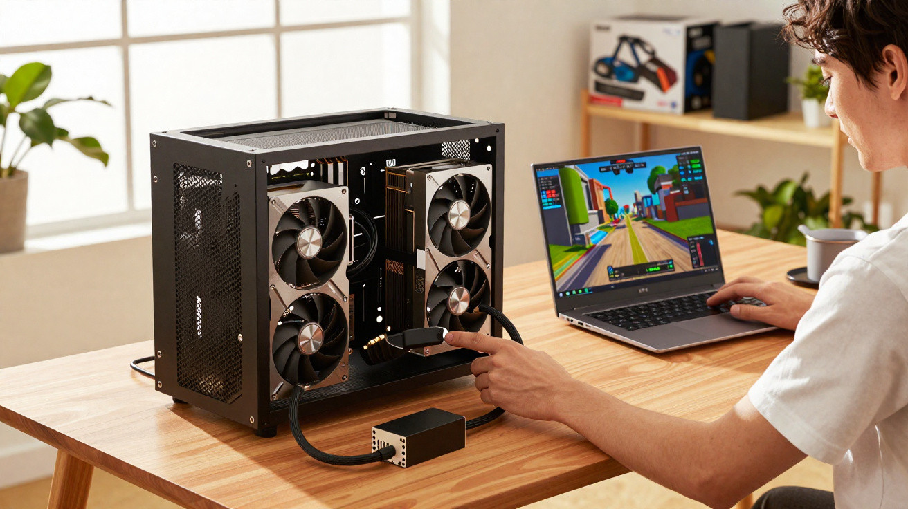Person connecting a device to a compact desktop PC on a wooden desk with a gaming laptop beside them.