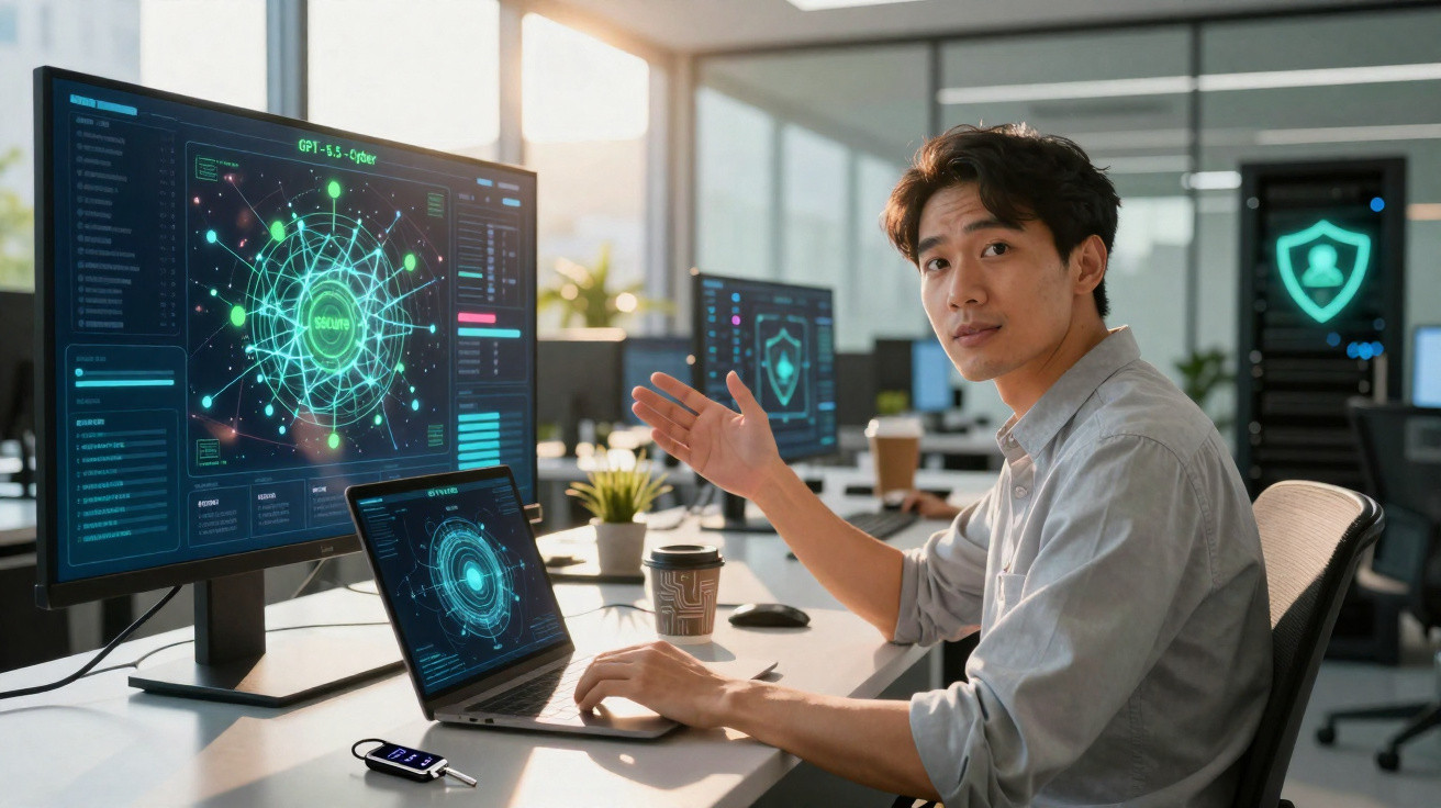 Young man at desk with multiple screens showing cybersecurity data and a laptop in a modern office.