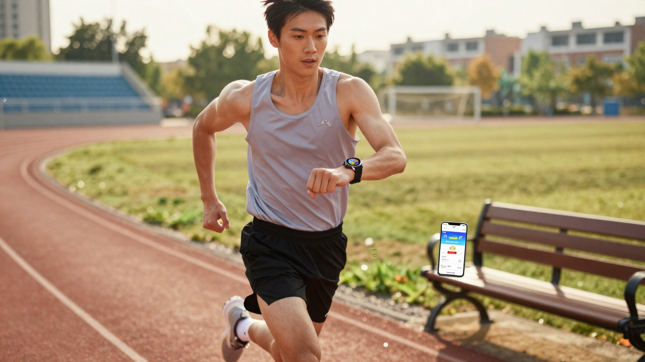 Young man running on outdoor track checking smartwatch with mobile phone on bench beside him.