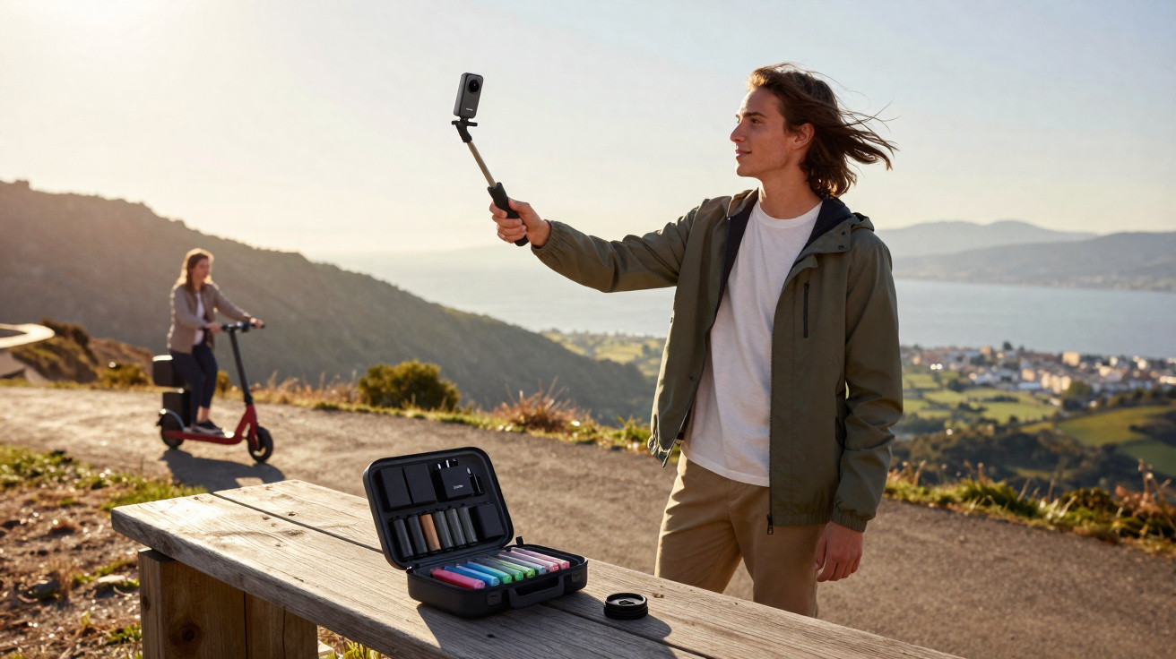 Young man holding a camera on a selfie stick near a countryside bench with a scenic sea view behind him.