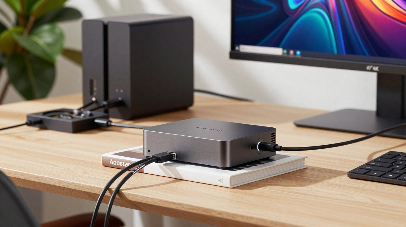Compact gray docking station connected to cables on a wooden desk with a monitor and keyboard nearby.