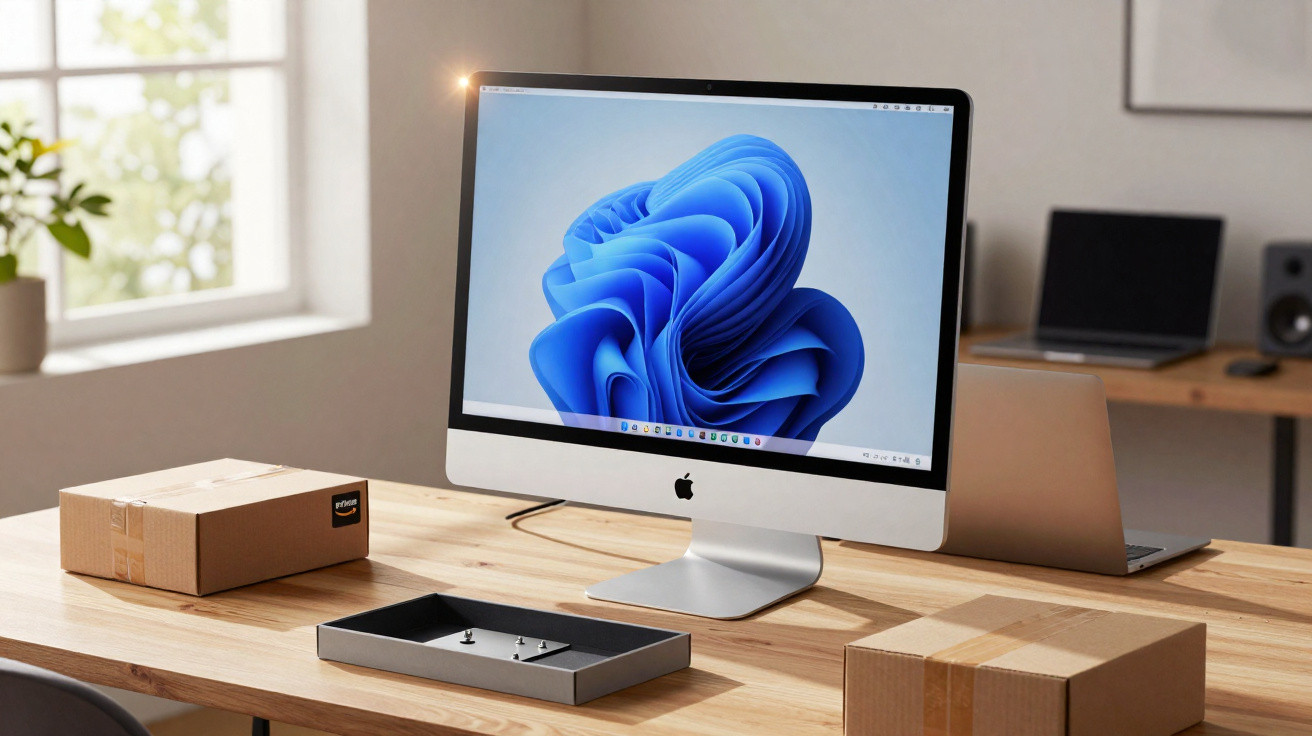 Apple iMac computer on a wooden desk with cardboard boxes and a laptop in a bright office room.