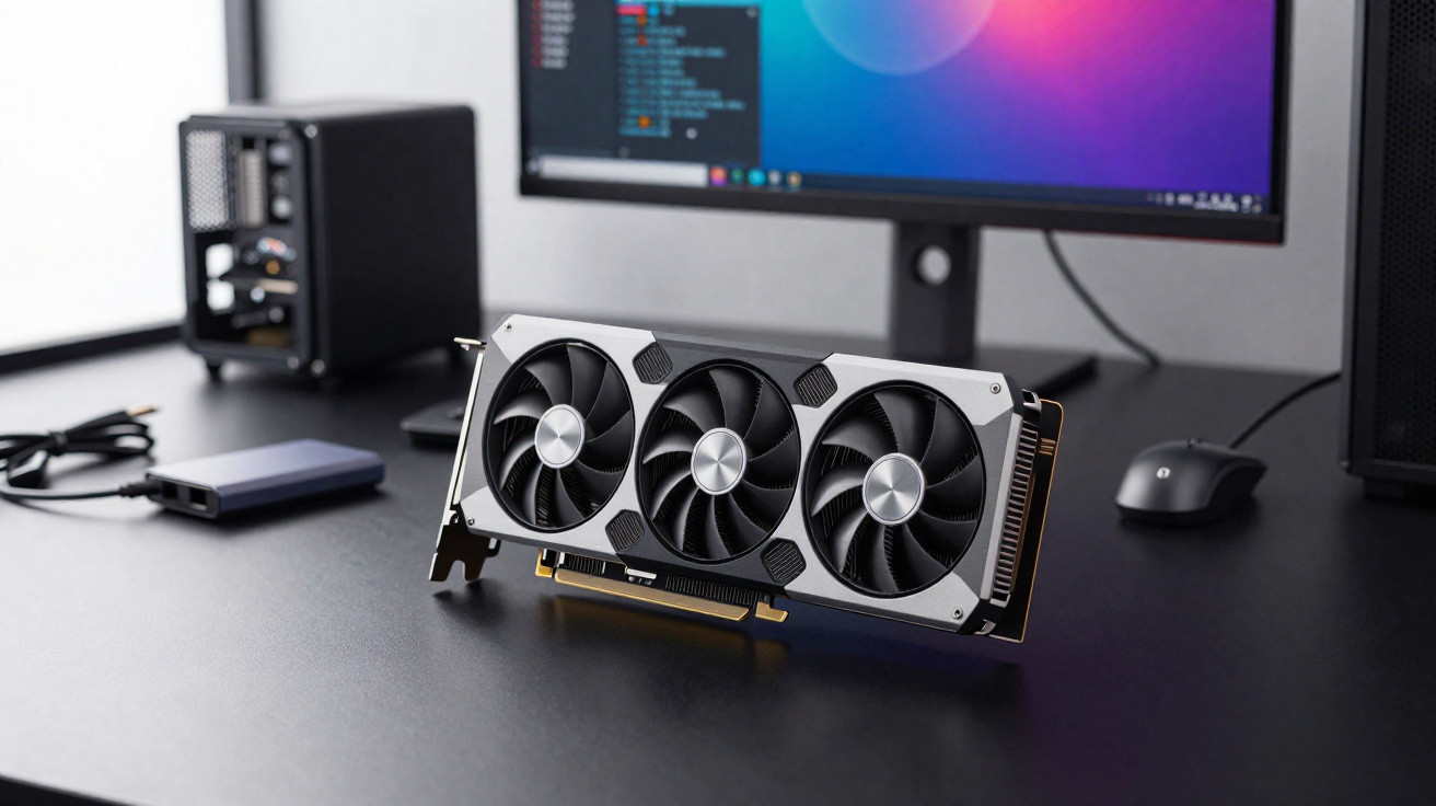 Triple-fan graphics card placed on a desk with a monitor and computer accessories in the background.