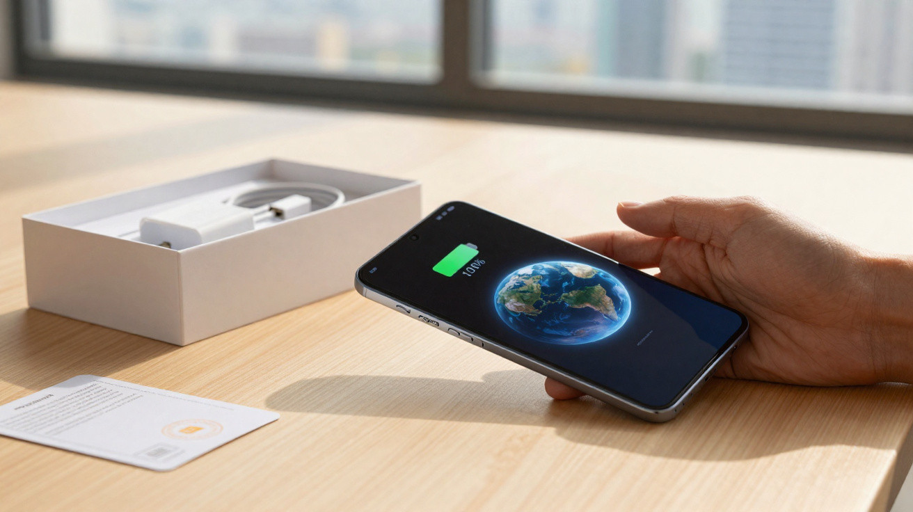 Hand holding a fully charged smartphone showing Earth on screen beside an open charging box on a wooden table.