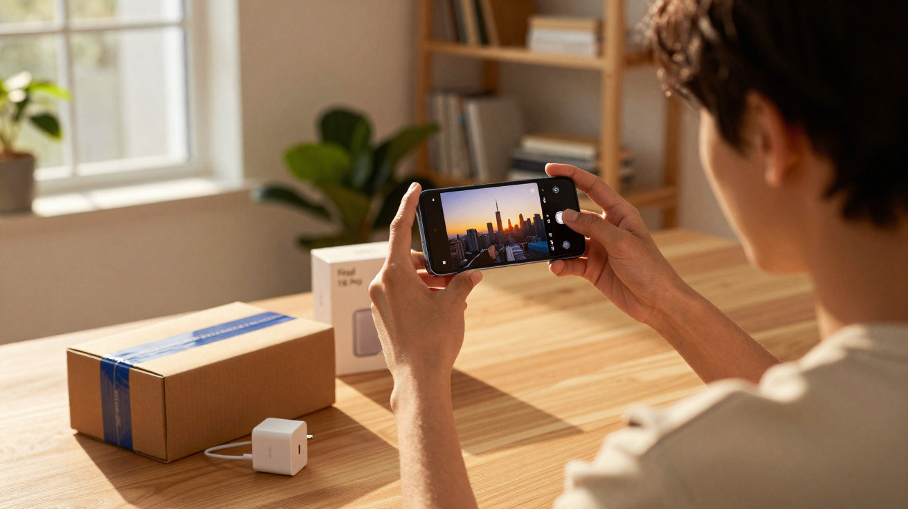 Person holding smartphone taking photo of city skyline at sunset indoors on wooden table with boxes and charger.