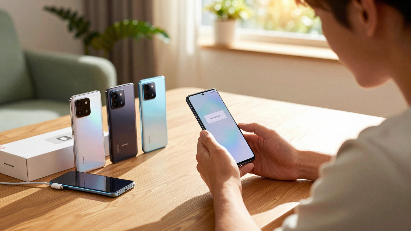 Person holding a smartphone with four other smartphones and a box displayed on a wooden table in a bright room.