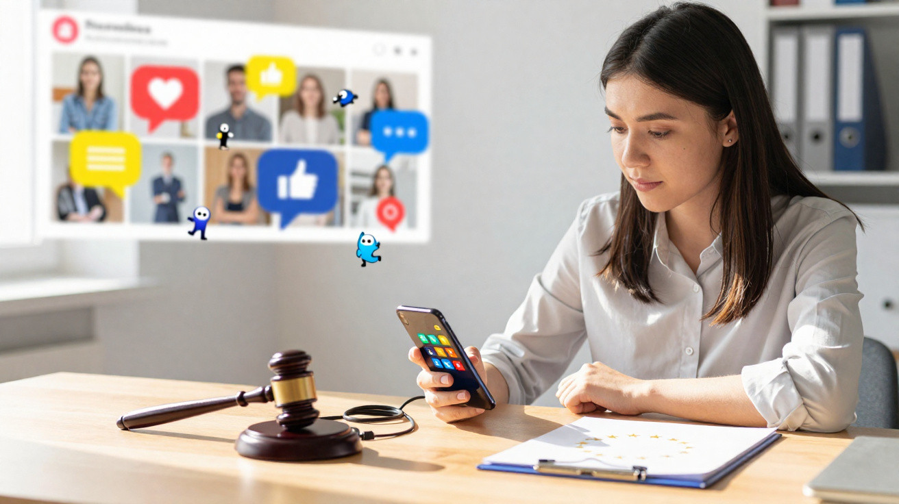 Woman in white shirt using smartphone with judge's gavel, handcuffs, and clipboard on desk in office.