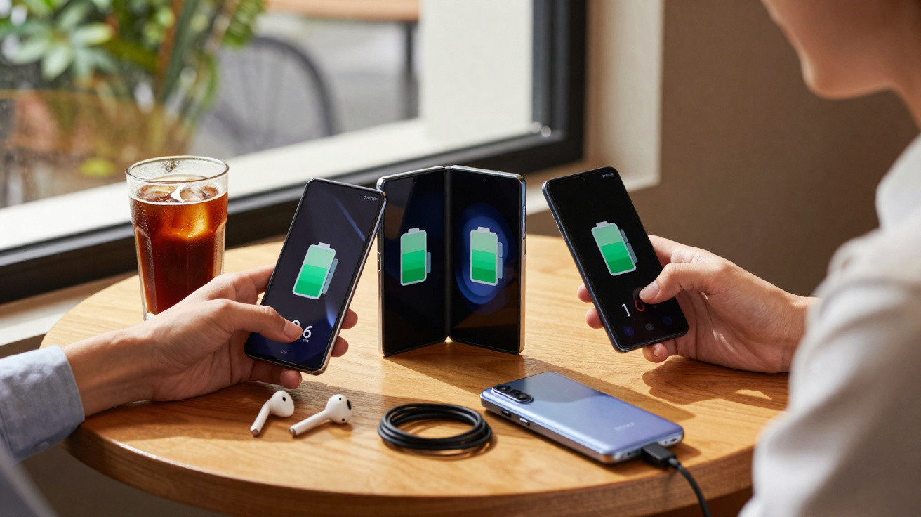 Two people holding smartphones with charging symbols, a foldable phone charging wirelessly, and accessories on a wooden table