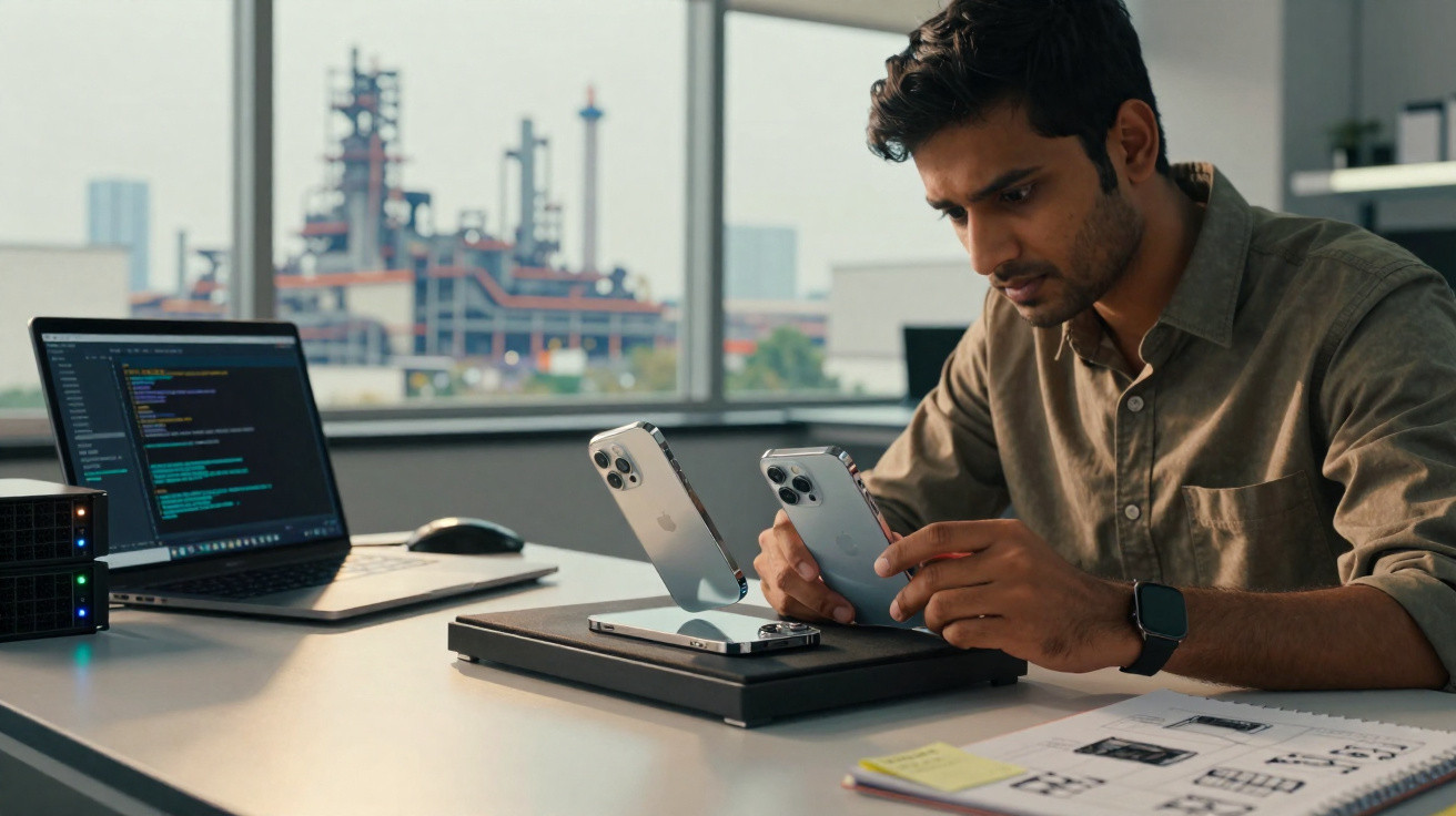 Man testing multiple smartphones at a desk with a laptop displaying code and a factory visible through the window.