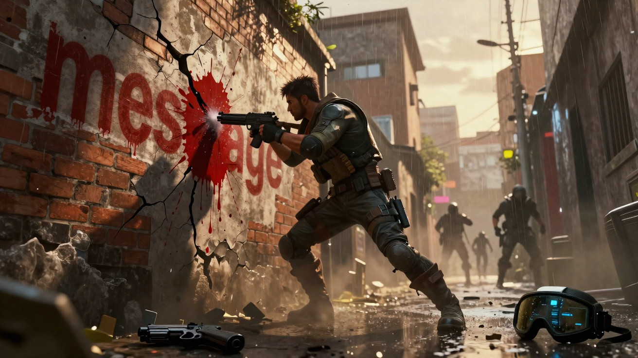 Soldier firing a gun at a cracked wall in an urban alley with armed figures in the background.