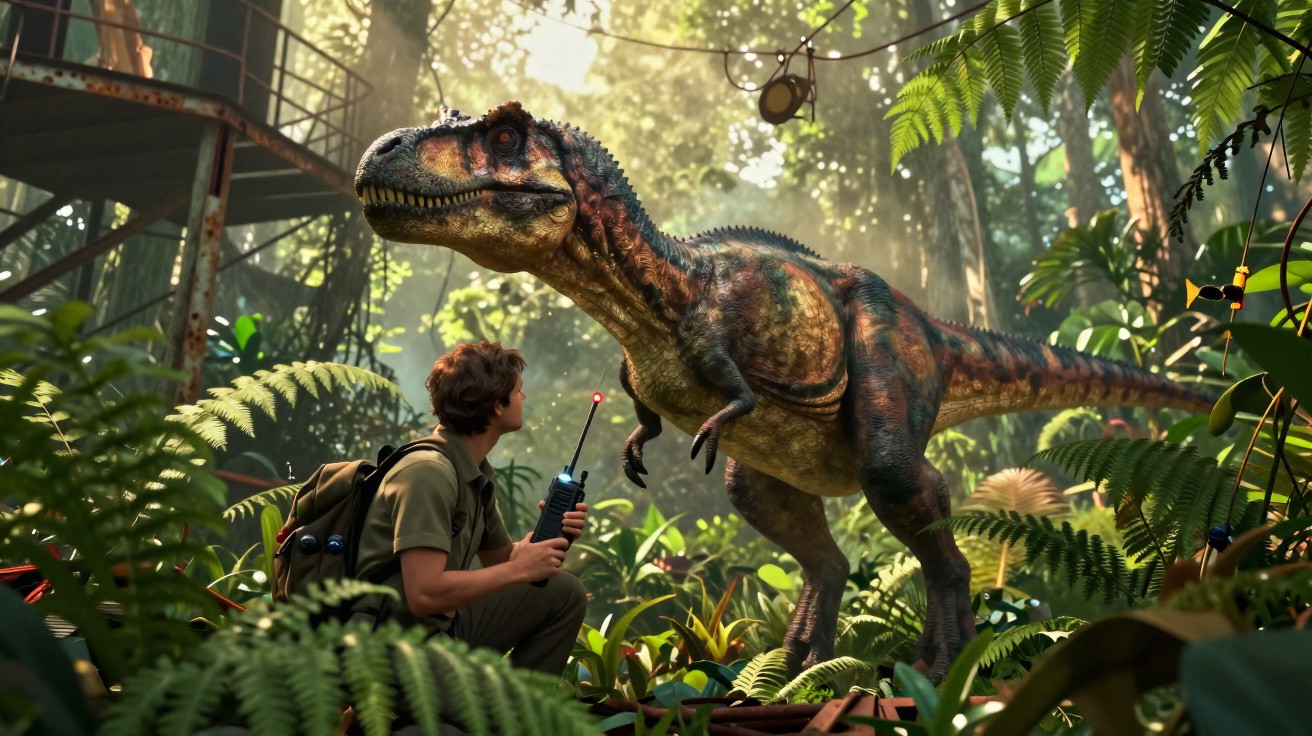 Person with radio device crouching near a large dinosaur in a dense, sunlit jungle environment.