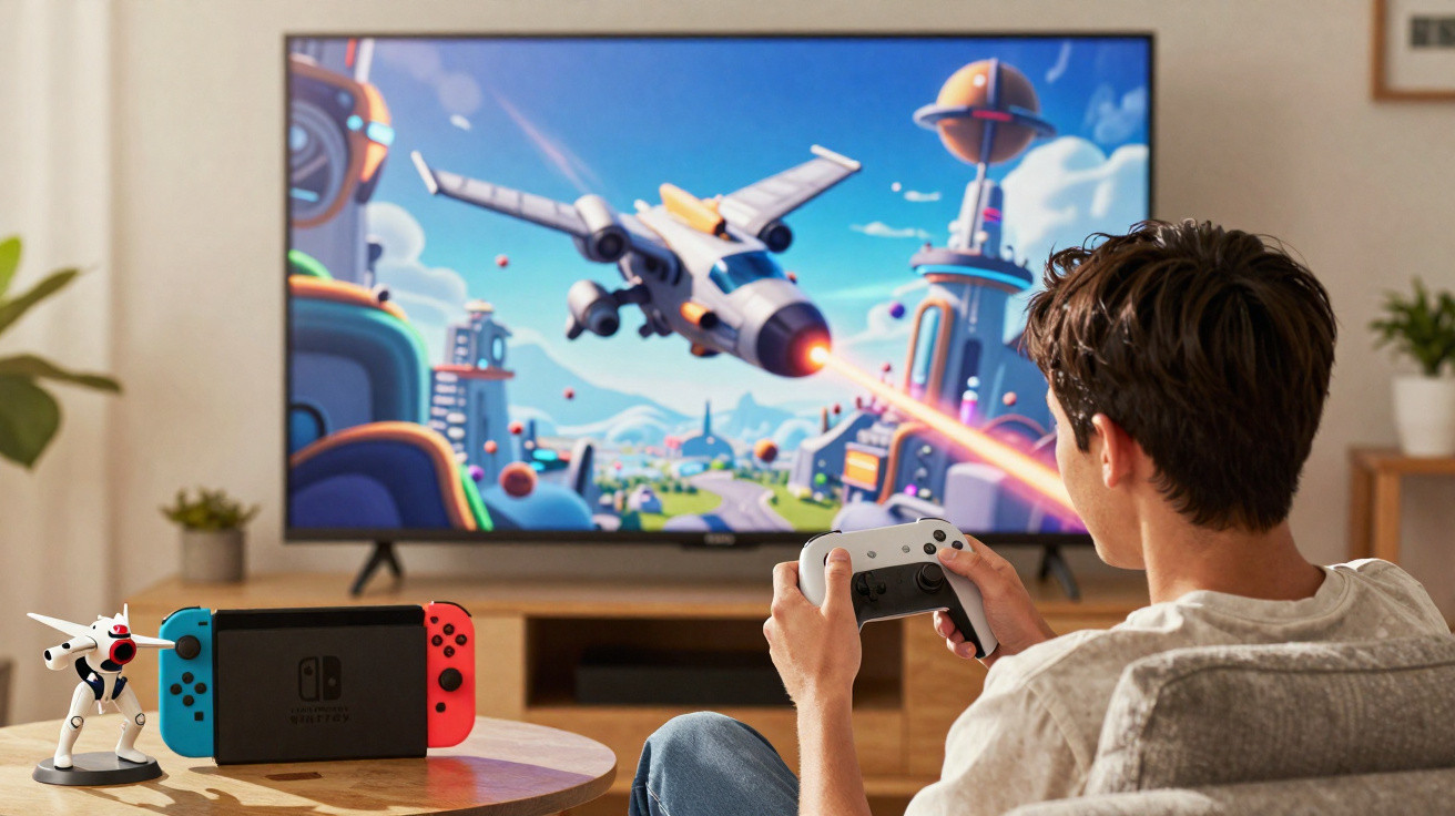 Person playing a space shooter game on a TV using a Nintendo Switch with controller and console on a table.