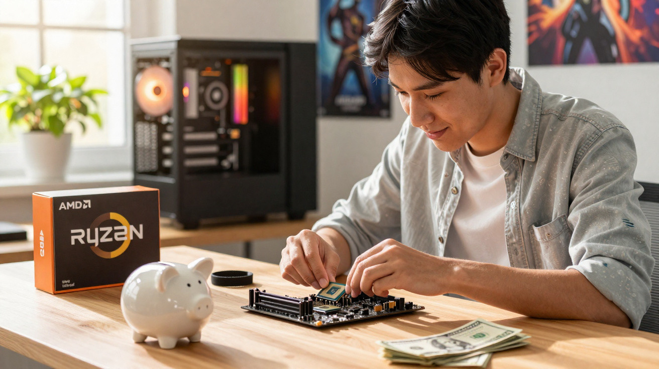 Person assembling a computer motherboard with AMD Ryzen CPU and cash on desk beside a piggy bank.