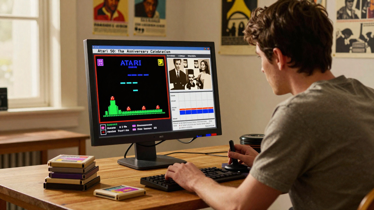 Person playing a vintage Atari game on a computer with stacked game cartridges on a wooden desk.