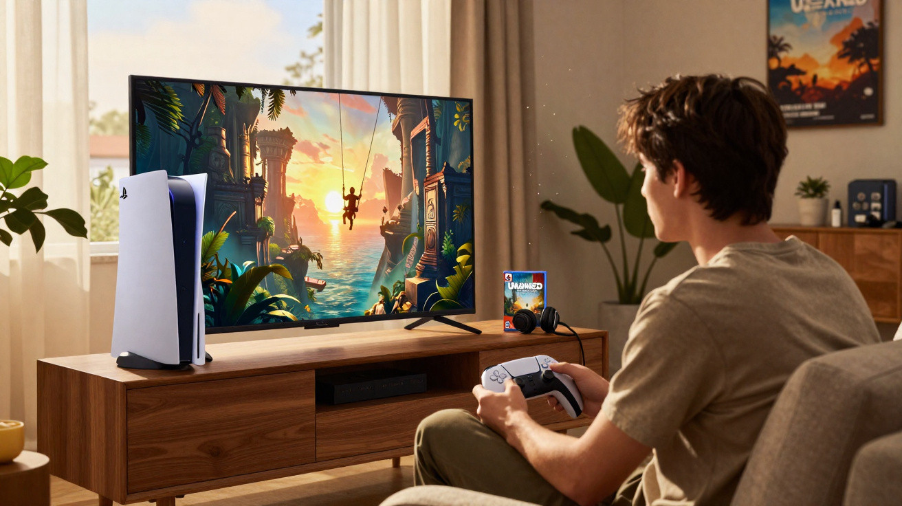 Person playing an adventure video game on a TV with a PlayStation 5 console beside it in a bright living room.
