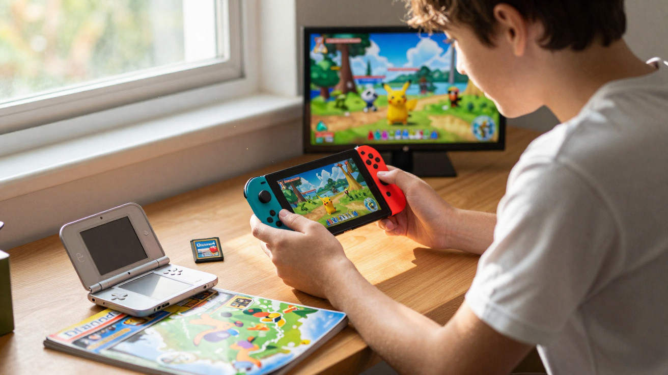 Boy playing a Pokémon game on a Nintendo Switch with a TV, Nintendo 3DS, and game guide on the desk.
