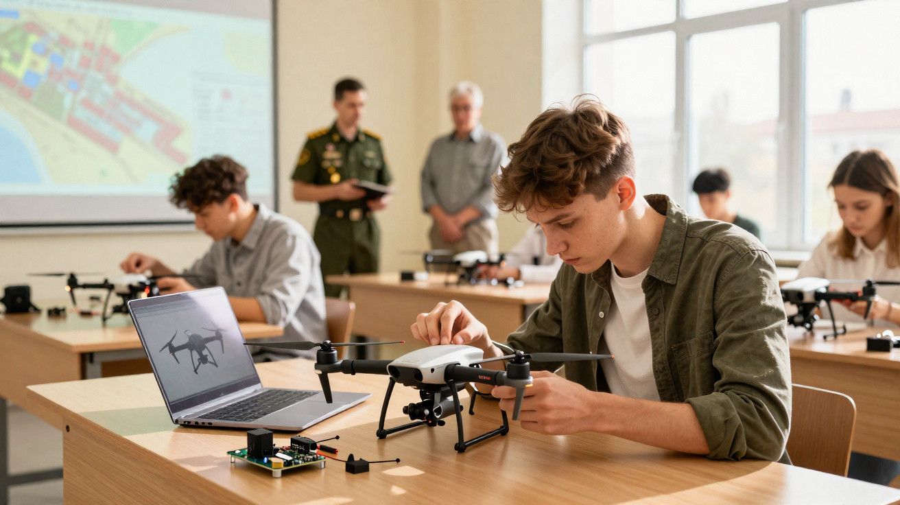Students assembling and programming drones in a classroom with instructors observing in the background.