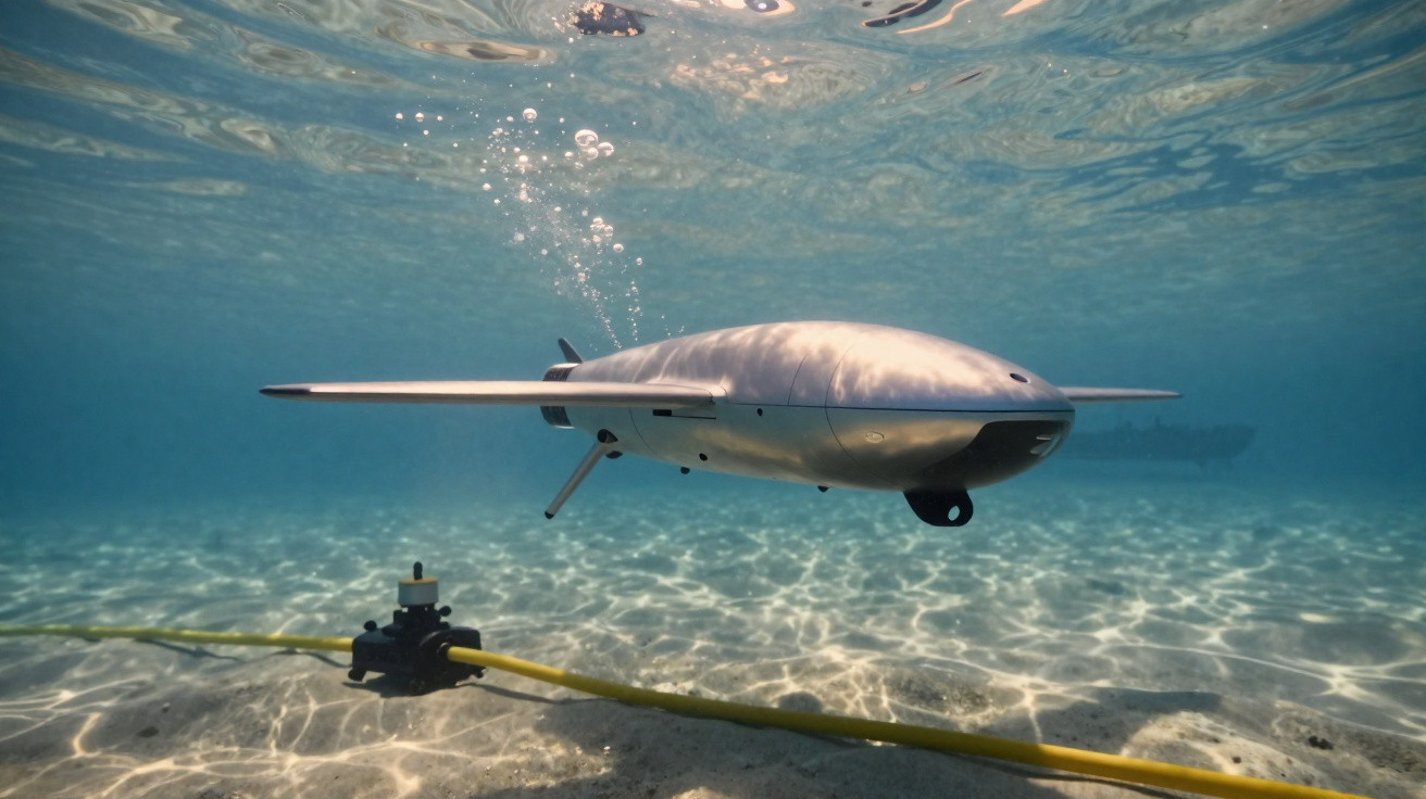 Underwater view of a sleek autonomous underwater vehicle near the seabed with a yellow cable attached.