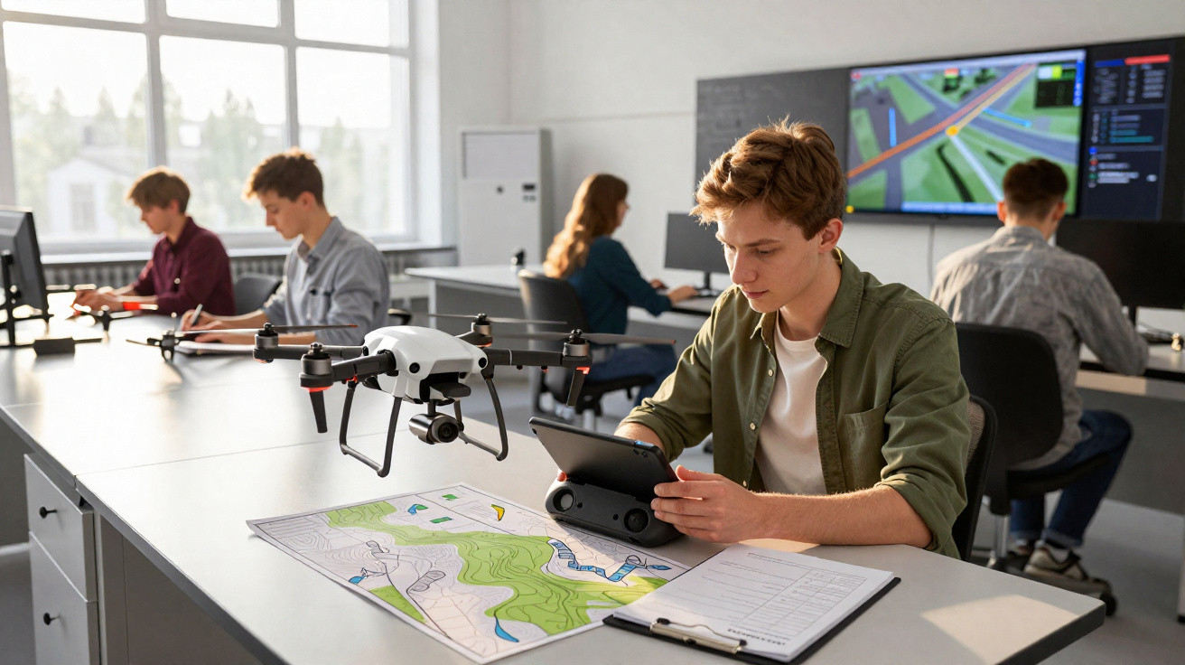 Students working with a drone and maps in a technology classroom with computer monitors and large screens.