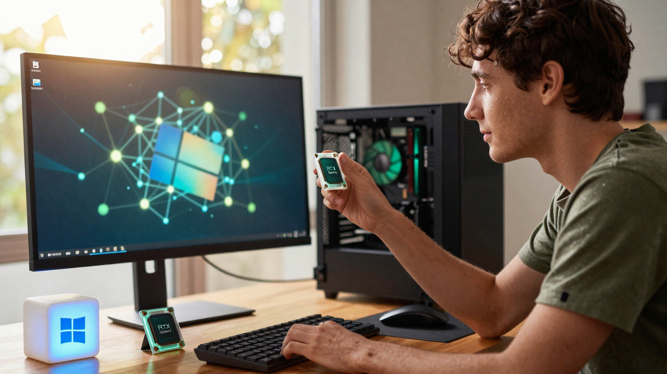Man sitting at desk holding a computer chip with a desktop PC and Windows logo on the monitor.
