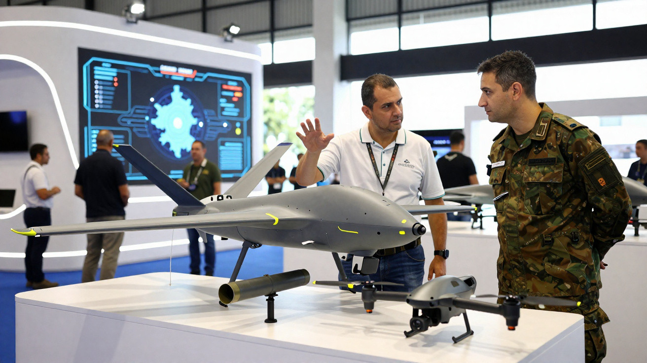 Two men, one in military uniform, discuss a large grey drone model on display at a technology exhibition.
