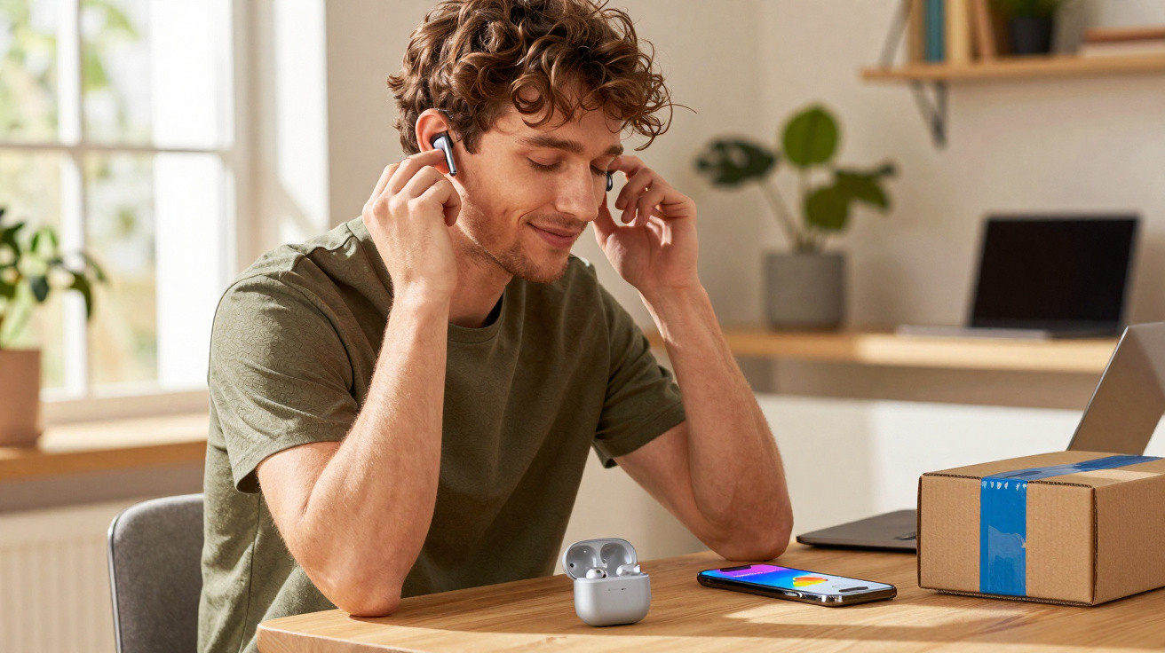 Young man wearing wireless earbuds at a wooden table with a smartphone, laptop, and cardboard box nearby.