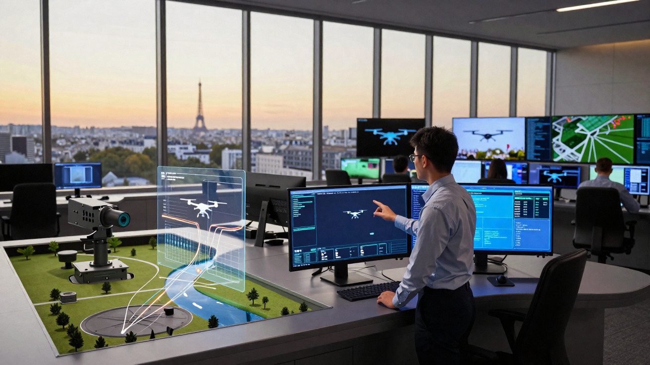 Person monitoring drone flight simulation on computer screens in modern office with Paris cityscape view.